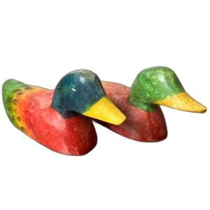 2 Vintage Hand Carved Wooden Ducks Rainbow Painted Folk Art Bird Figurines Chile
